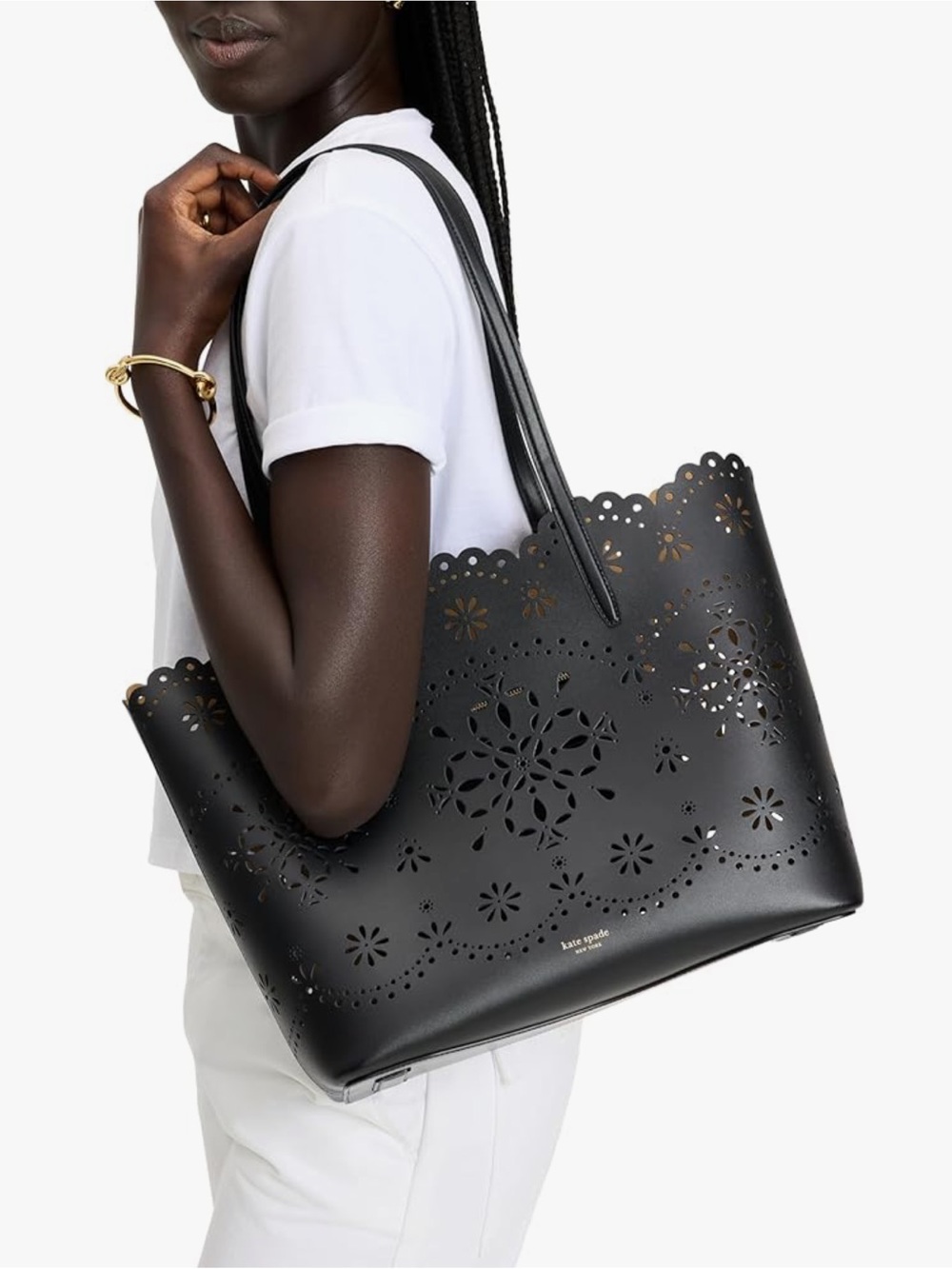 kate spade Black Laser-Cut Floral Large Leather Tote Bag